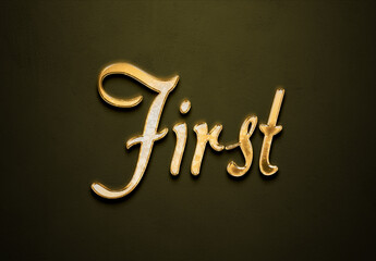 Old gold text effect of word First with 3D glossy style Mockup.