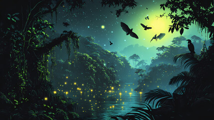 Fototapeta premium The amazon at night transforms into a symphony of sounds, with nocturnal creatures stirring in the dark and fireflies illuminating the shadows. Nocturnal. Illustration