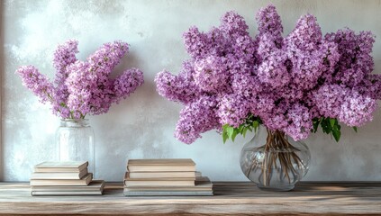 Lilac Flowers in Vases on a Wooden Table