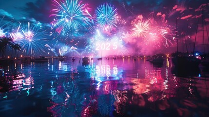 Obraz premium Vibrant fireworks display over calm water at night, reflecting '2025' in the water.