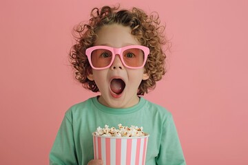 Excited young boy with pink glasses holding popcorn, cheerful child portrait, bright pink background, fun and playful expression, joyful childhood moment, movie time concept