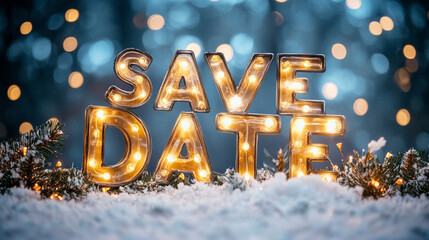 Illuminated Save the Date Sign in Snowy Winter Scene