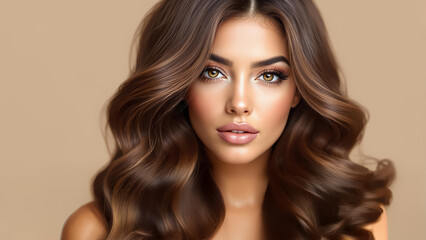 Naklejka premium A woman reveals her voluminous hair and captivating gaze, embodying elegance in a soft setting