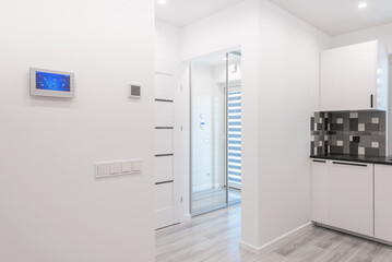 Home Entrance Hall, Hallway Interior. Wooden Outdoor Door, Brown Flooring. Minimalism. LED Light. Closet, Mirror. AC Heater Screen. Modern Home