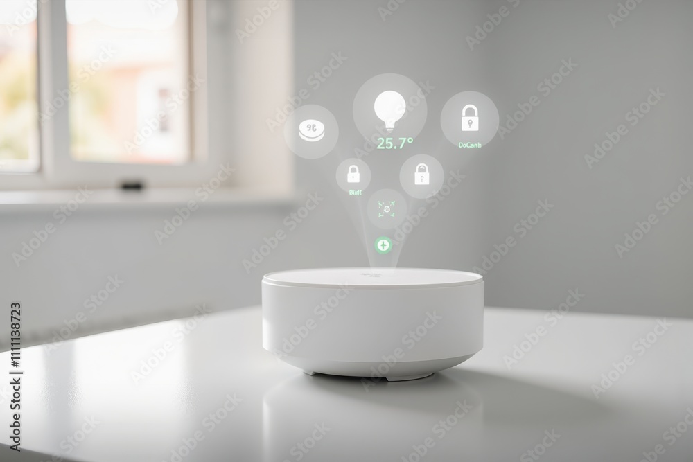 Poster modern smart home device with holographic user interface displaying various smart features and envir