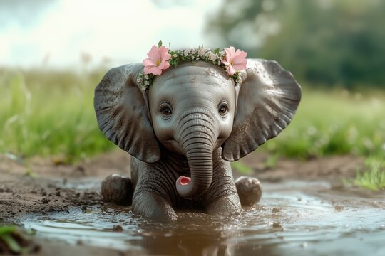 Baby elephant with flower crown playing in muddy puddle