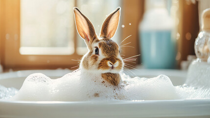 A cheerful rabbit enjoying a warm bath with gentle bubbles, in a cozy and safe pet-care setting.