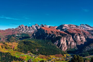 Panoramic view of the Val Gardena Dolomites in Italy.