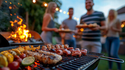 A group of people are gathered around a grill, cooking food