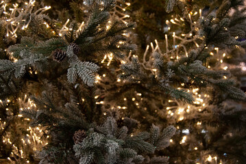 Christmas tree background with lights. Christmas tree decorations.