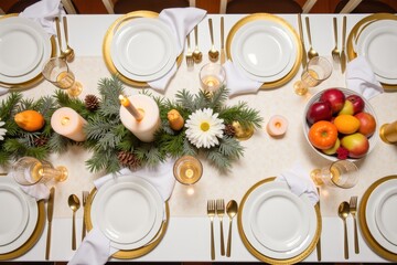Elegant New Year Dinner Table Arrangement with Decorative Centerpiece and Fresh Fruits for a Festive Celebration