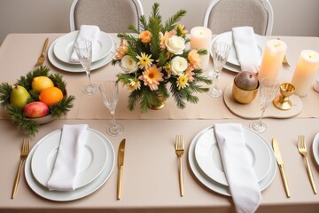 Fototapeta premium Elegant New Year Dinner Table Setting with Fresh Flowers, Fruit Centerpiece, and Candles to Celebrate the Arrival of the New Year in Style
