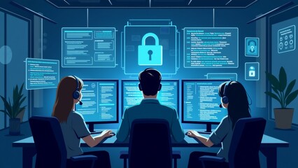 The image shows three people sitting at a desk in front of multiple computer monitors. They are all wearing headsets and appear to be working on a computer.