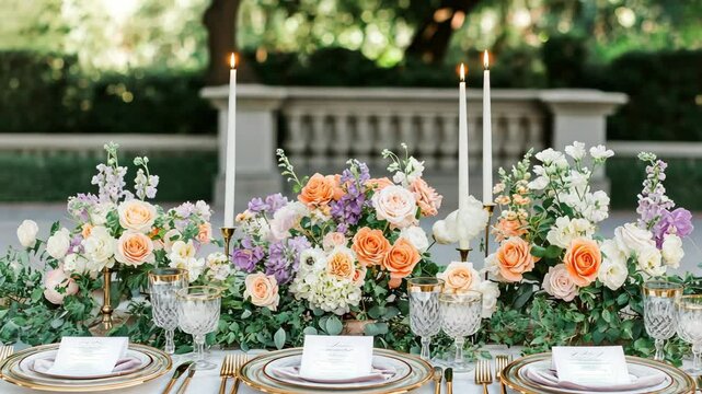 Elegant outdoor dining setup featuring floral centerpiece and candles at a garden event in spring