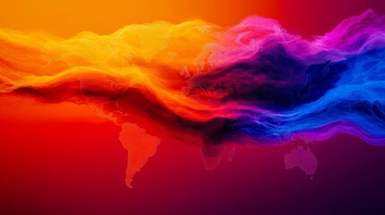 Fototapeta premium Vibrant abstract artwork featuring a world map subtly overlaid with flowing, multicolored smoke or clouds. The colors shift from warm oranges and reds to cool blues and purples.