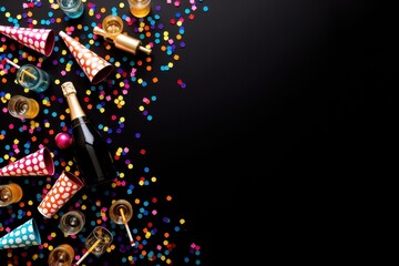 Fototapeta premium Festive New Year Celebration with Colorful Confetti, Party Hats, Champagne, and Vibrant Decorations for an Unforgettable Event