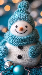 the sun shines with rays, blue winter background, a snowman made of snow in a scarf and mittens, there is a snowball background