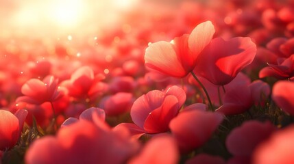Obraz premium Red Flowers Illuminated by Soft Sunlight in a Field