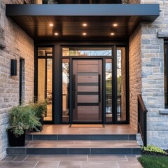 Modern home entrance with sleek dark brown door, stone facade, and recessed lighting.