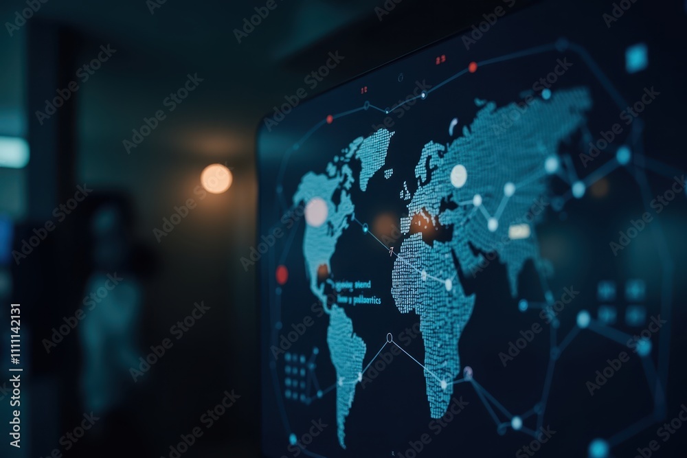 Poster global connectivity and data analytics visualization with holographic world map display in modern of