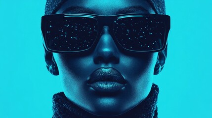 Close-up portrait of a young Black woman wearing stylish sunglasses reflecting a starry night sky.  Cool blue tones create a futuristic vibe.