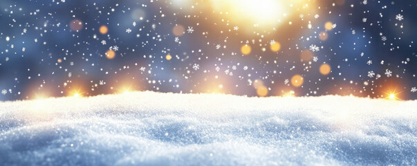 Naklejka premium Banner, a magical winter scene with a snowy landscape, sparkling snowflakes, and warm sunlight. Copy space.