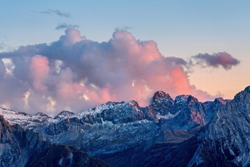 Panoramic view of the Val Gardena Dolomites in Italy.