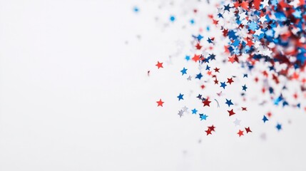 Festive Red, White, & Blue Star Confetti Shower on White Background 