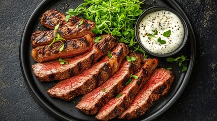Grilled steak slices served with greens and a creamy dip on a black plate.