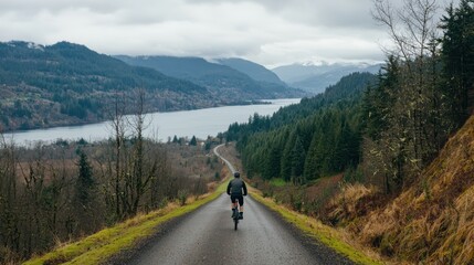 Fototapeta premium Biking adventure through scenic hills columbia river gorge outdoor activity natural landscape wide angle view exploration and fitness