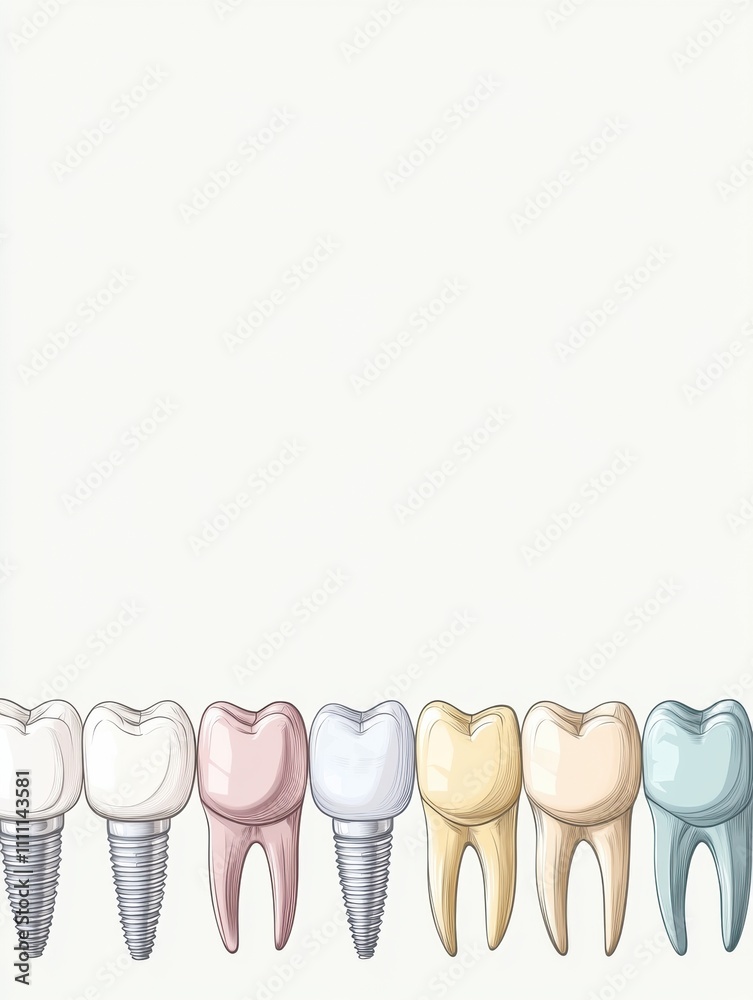 Poster visual displays a series of healthy teeth alongside colored dental implants, designed on a clean whi