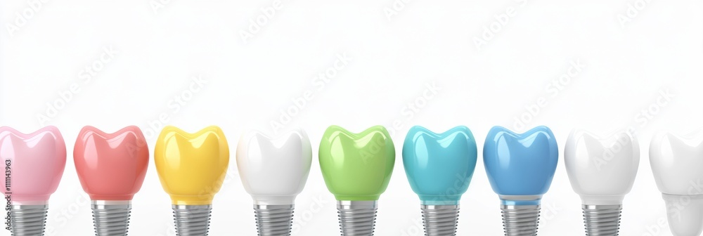 Poster schematic design showcases a row of dental implants in various colors alongside healthy teeth, with 