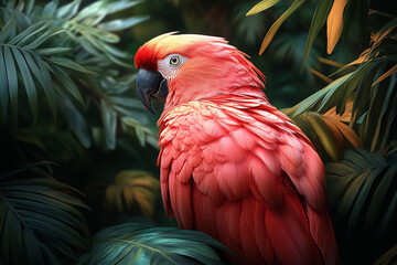 Fototapeta premium Scarlet Macaw Perched Among Lush Tropical Foliage