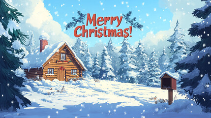 Fototapeta premium Merry Christmas Snowy Cabin Winter Wonderland Scene