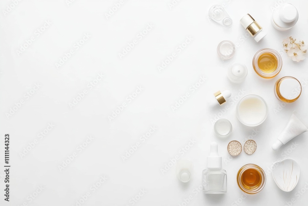 Leinwandbilder assorted skin care containers arranged neatly on a white surface, offering a clean and minimalist lo