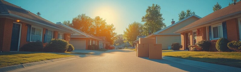 Obraz premium Cardboard box sitting on the sidewalk of a residential neighborhood, moving concept