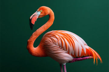 Obraz premium A vibrant flamingo stands against a dark green background