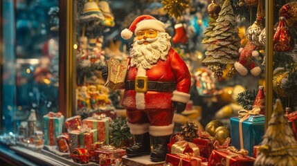 Charming Santa Figurine with Colorful Gifts and Holiday Decorations, evoking the festive spirit of Christmas, perfect for seasonal celebrations and joyful decor themes.