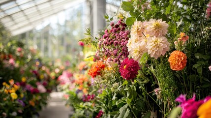 Naklejka premium Floral Arranging Workshop in a Vibrant Botanical Greenhouse for Creative Bouquet Design