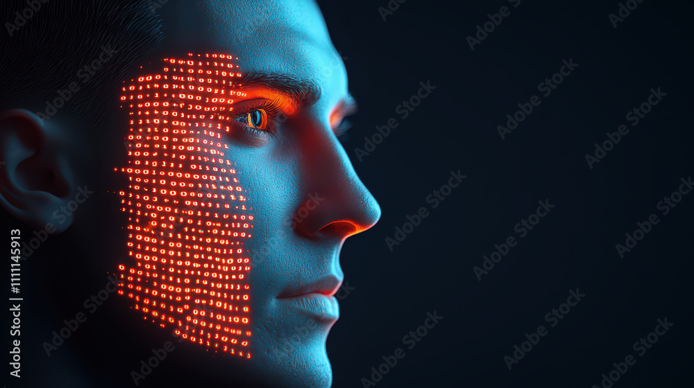 Poster futuristic portrait showcasing digital facial recognition technology with glowing binary patterns on