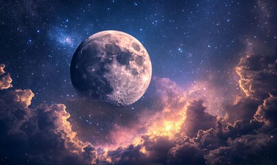 Obraz premium A dramatic photo of the moon and its shadow cast on distant cosmic clouds