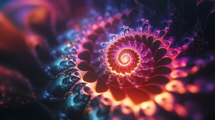 A vibrant, swirling fractal pattern showcasing intricate designs and luminous colors.