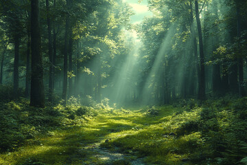 Obraz premium Sunlit Path Through Lush Green Forest Canopy