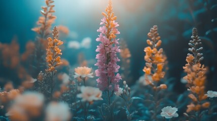 Fototapeta premium Pink and Orange Flowers in a Field with a Teal Background