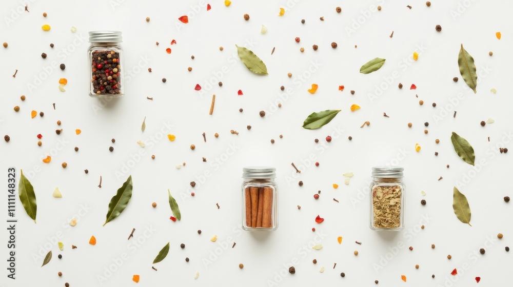 Poster Small jars filled with vibrant spices, surrounded by bay leaves and scattered aromatic ingredients, creating a colorful display with text space. Generative AI