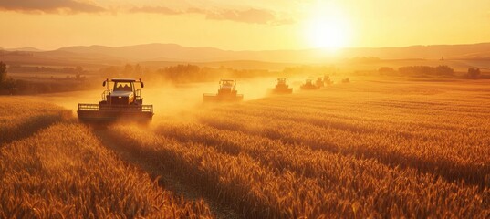 Fototapeta premium Teamwork in Agriculture: Machines Harvesting Wheat Field at Sunset for Maximum Productivity