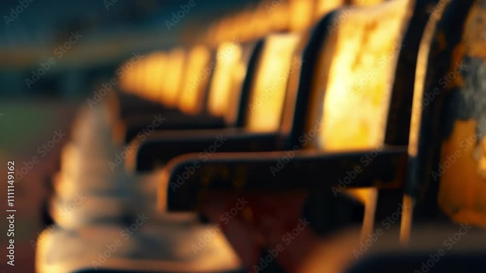 Poster rows of weathered and worn stadium seats bask in the golden light of a setting sun, hinting at past 