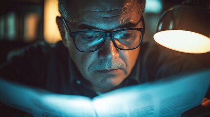 A man reading a newspaper under warm light, focused and contemplative.
