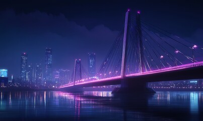 Obraz premium A beautifully illuminated cable-stayed bridge stretches across a river at night, with the city skyline in the background.