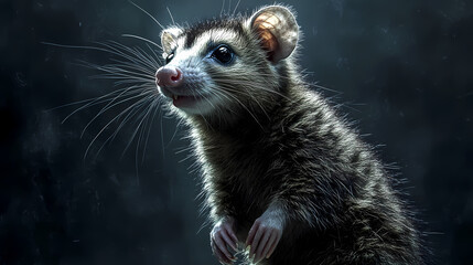 A nocturnal opossum stands upright on hind legs, fur fluffed, pointed snout sniffing the air, its beady eyes. Nocturnal. Illustration